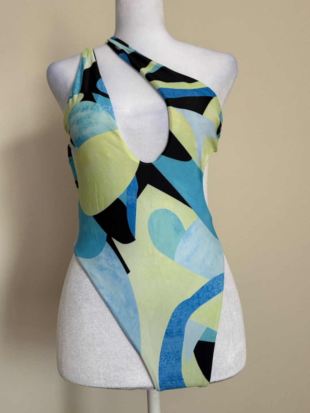 One-Shoulder Cutout One-Piece Swimsuit in Aqua, Lime & Black